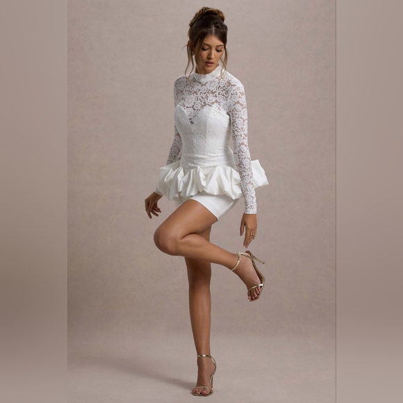 Club London Dresses & Skirts - NWT Club London Antheia White Lace Long-Sleeve Peplum Mini Dress US Size 2